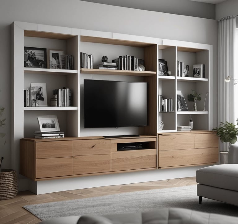 Stylish living room shelving unit made of natural wood with decorative items.