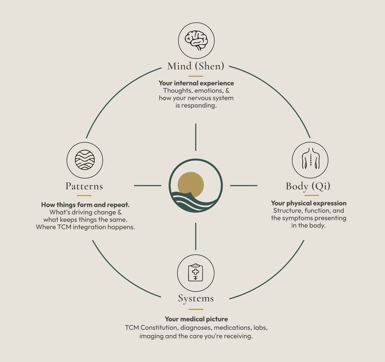 Diagram showing the four pillars of pattern-based acupuncture: Mind, Body, Systems, and Patterns