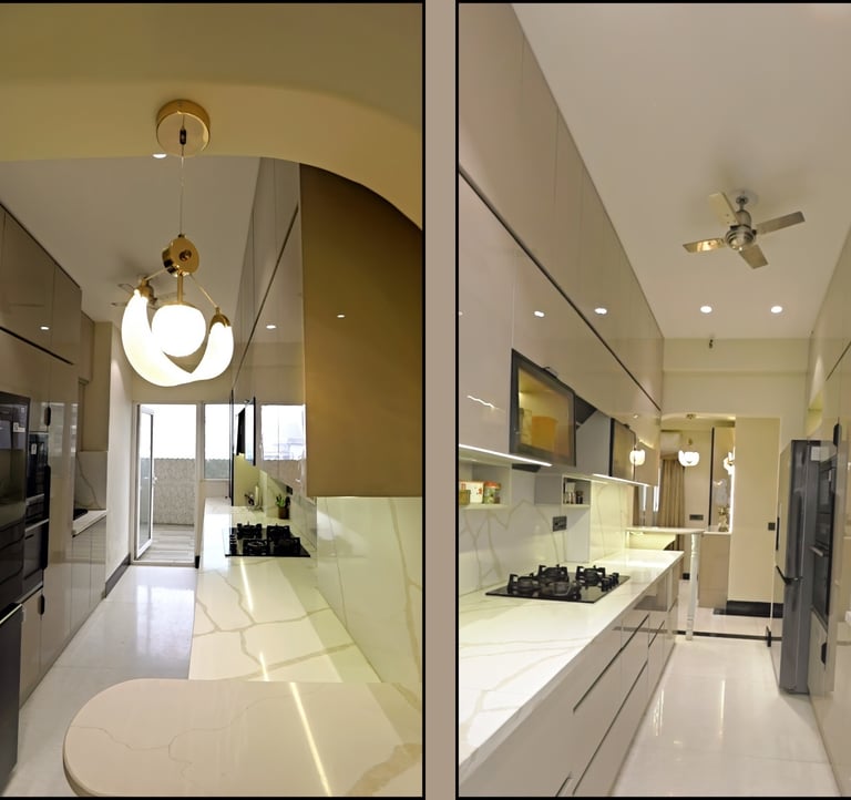 Modern modular kitchen with matte finish cabinets and built-in appliances, Noida project