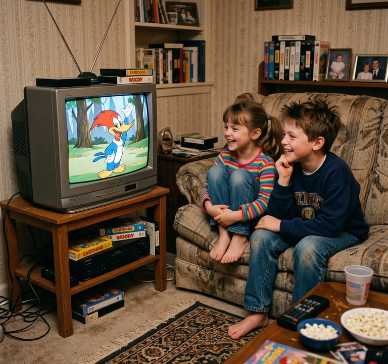 Happy children watching Woody Woodpecker cartoons on a vintage CRT television set in a 90s living ro