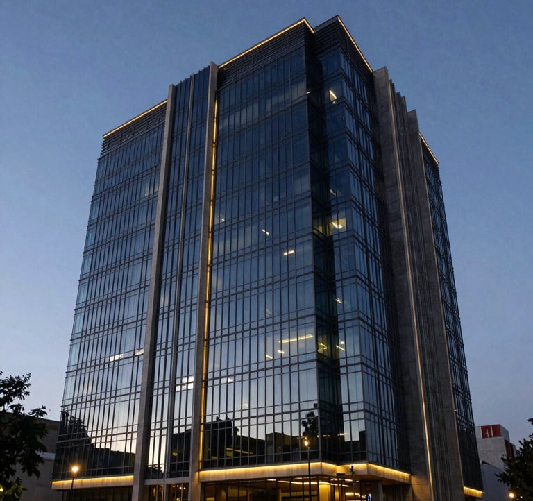 Exterior photography of a prestigious corporate law building in Monterrey, Mexico at twilight, featuring elegant glass architecture illuminated in dark navy blue and steel blue.