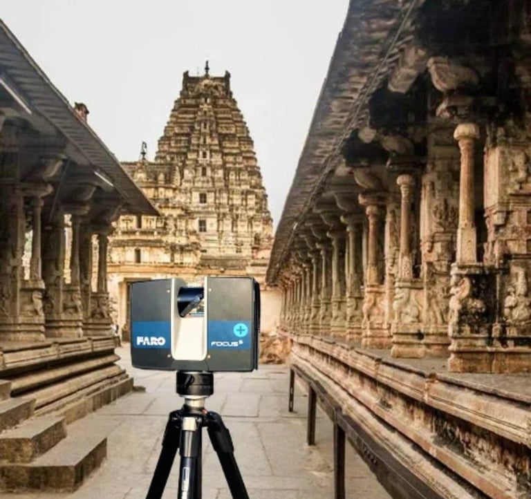 A FARO Focus laser scanner on a tripod in the foreground, meticulously capturing the detailed ancient architecture of a