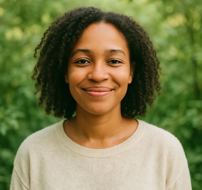 A smiling woman - natural curly hair, against a lush green backdrop, reflecting warmth, positivity