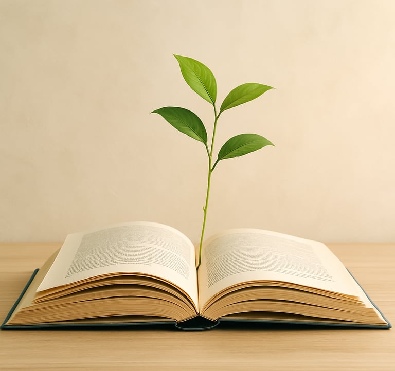 A green sapling grows from an open book —symbolising personal grow