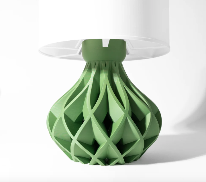a green lamp shade with a white lamp on top