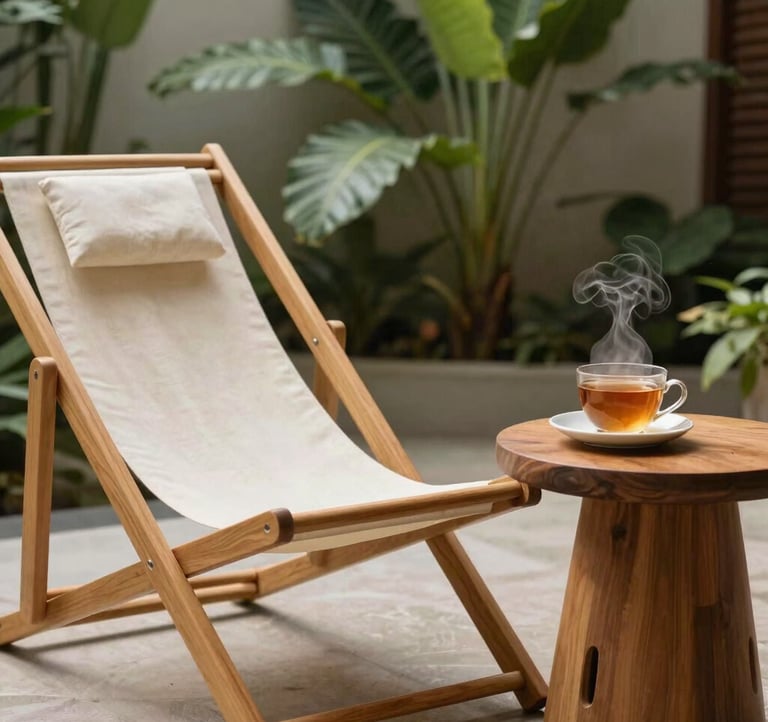 A peaceful relaxation lounge in a luxury spa with clean warm cream linen, elegant minimalist wooden deck chair, a steaming cup of ginger tea on a wooden side table, lush green tropical plants softly blurred in the background, Southeast Asian / Indonesian style.