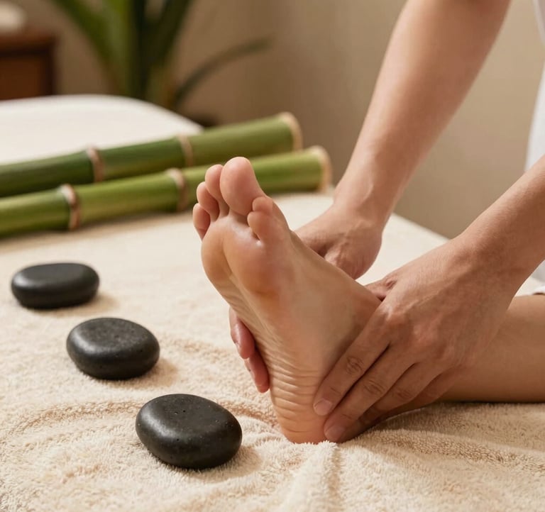 A calm, elegant photography shot of a reflexology foot massage. Clean warm cream towels, hot stones, and fresh green bamboo stalk accents. The scene has a peaceful forest green and warm earth beige aesthetic. Southeast Asian spa vibe.