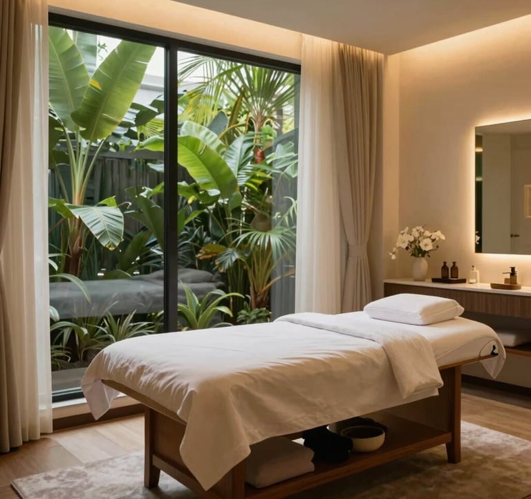 A serene treatment room at a luxury wellness spa in South Jakarta. Large window showing lush green tropical plants outside, elegant wooden massage table, soft cream curtains, gentle warm lighting.