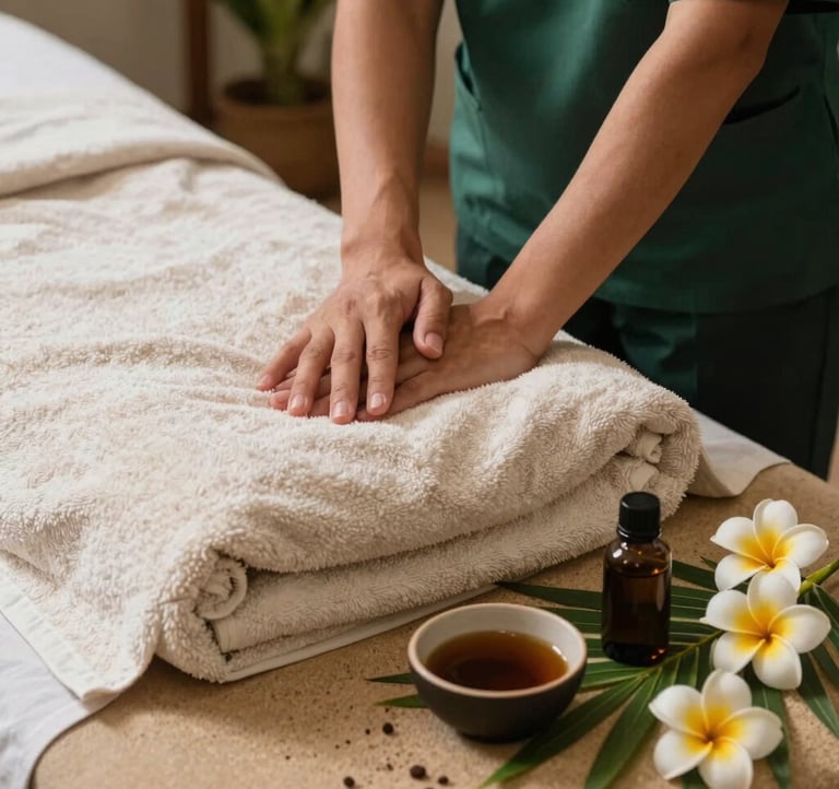 An elegant photograph of an Indonesian therapist preparing a massage room. Soft lighting illuminates the plush off-white towels, small bowls of aromatic oils, and freshly cut tropical flowers. Warm sand and deep green tones dominate the tranquil scene.