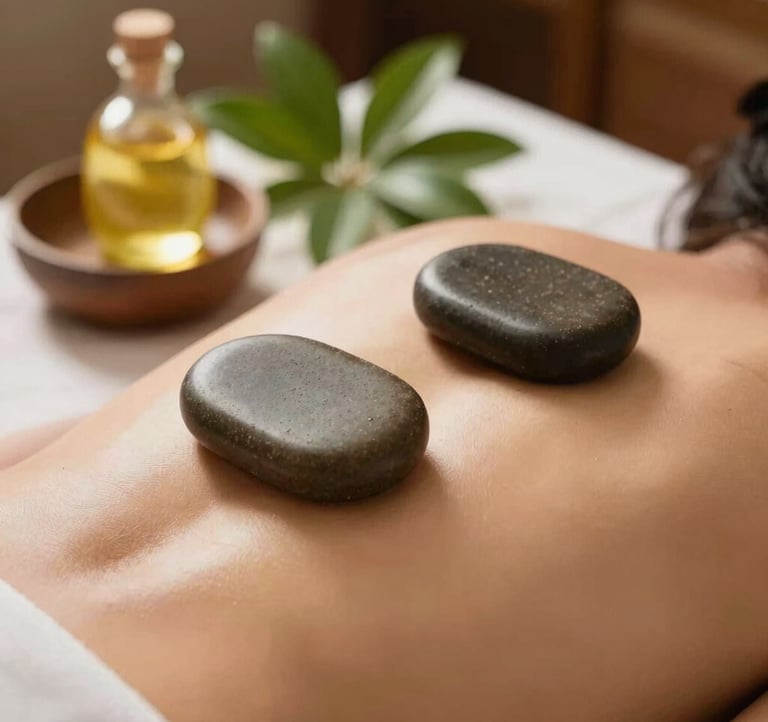 Close-up of smooth, warm massage stones placed on a person's back, surrounded by fresh green leaves and a small bowl of aromatic oils in a luxury Southeast Asian spa setting. Shallow depth of field, warm light.