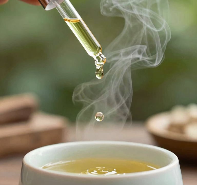 A close-up photograph of pure aromatic essential oil slowly dripping from a glass dropper into a ceramic water diffuser. The background is a soft-focus forest green, with natural wood and steam rising gently in a peaceful spa.