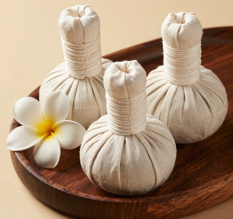 A beautiful flat-lay photograph of organic herbal compress balls wrapped in natural linen, placed on a dark wooden tray next to a single white plumeria flower. Relaxing spa theme with warm earth beige tones.