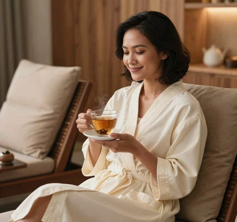 A candid photography of an Indonesian woman sitting in a relaxing post-therapy lounge, holding a warm cup of herbal tea. She is wearing a soft cream robe and smiling serenely. The room has natural wood elements, warm earth beige cushions, and soft ambient lighting.