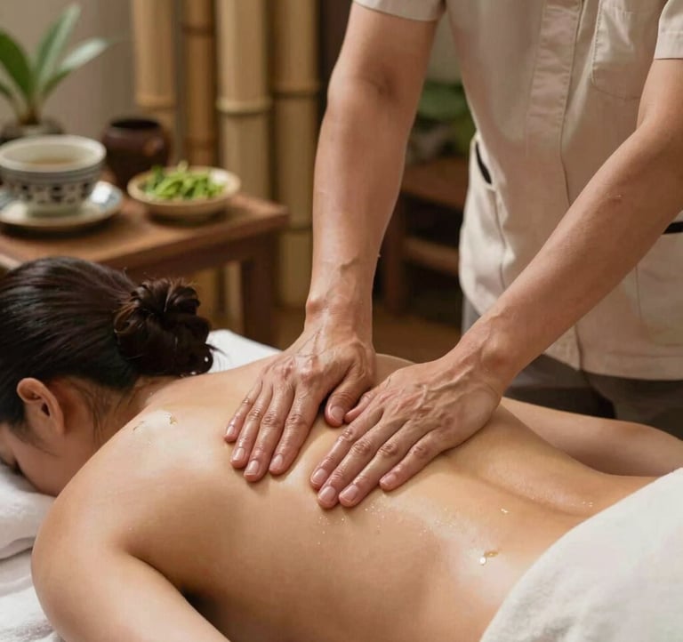 A professional Indonesian therapist's hands performing a deeply relaxing oil massage on a client's back in a serene spa. Soft warm lighting, natural bamboo stalks and organic green tea elements in the background, tranquil atmosphere, Southeast Asian / Indonesian environment.