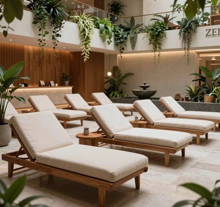A wide-angle photography shot of a modern, tranquil relaxation lounge at Zenith Wellness in South Jakarta. Comfortable off-white lounge chairs are surrounded by cascading indoor plants, warm wood accents, and a subtle stone water fountain. Peaceful, calming atmosphere.