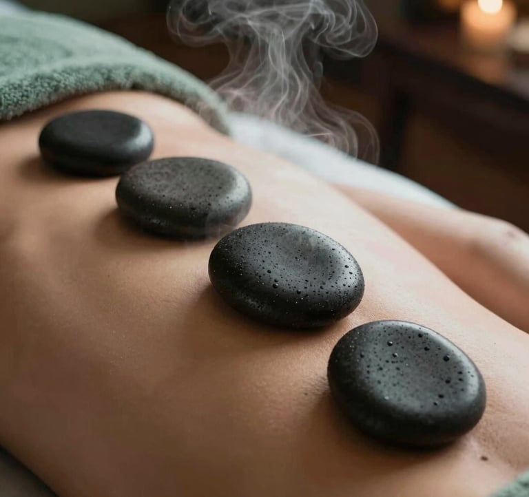 An artistic close-up photograph of smooth, dark basalt hot stones placed on a person's back during a spa treatment. Soft steam rising gently in a relaxing room with a soft sage green and deep dark brown color palette, Southeast Asian setting.