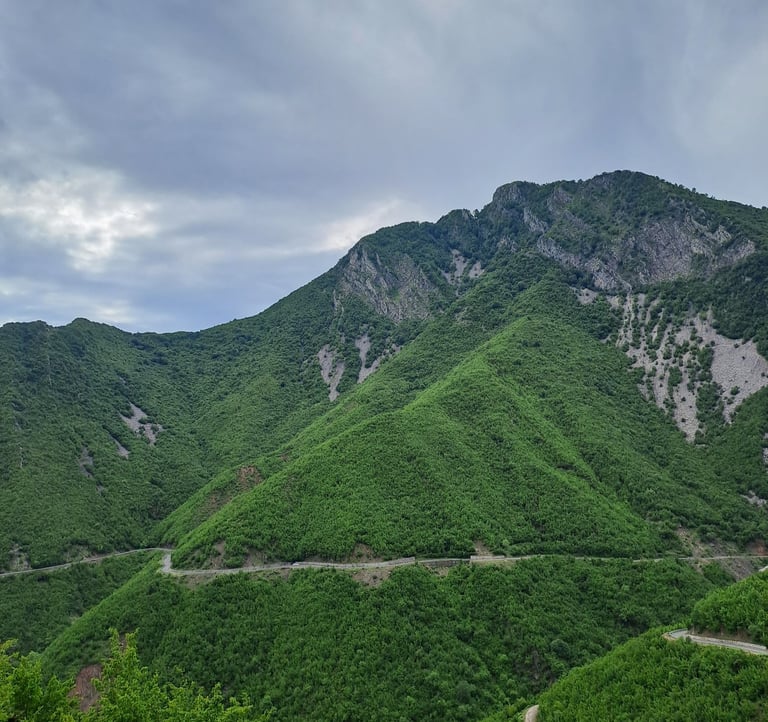a mountain view of a winding road in the mountains