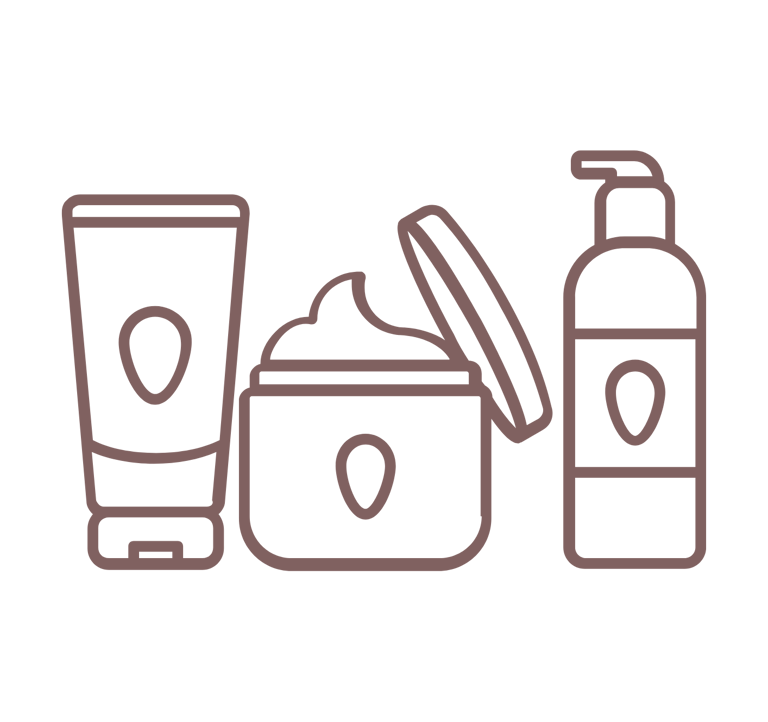 Illustratie van verzorgingsproducten zoals crème en lotion.