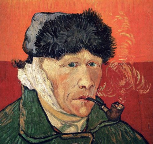 Vincent van Gogh self-portrait with bandaged ear and pipe against a vibrant red background.