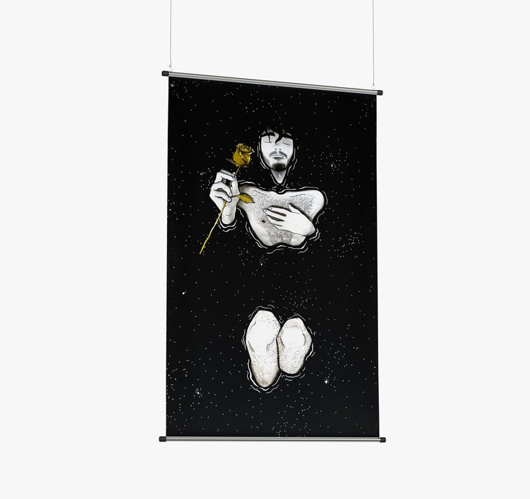 a man holding a flower in front of a black and white banner