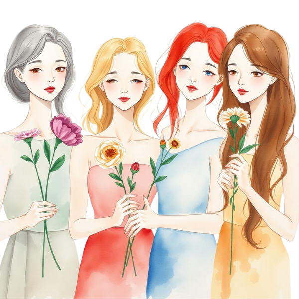 four girls with flowers in their hands
