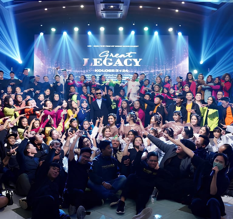 a group of people standing around a stage