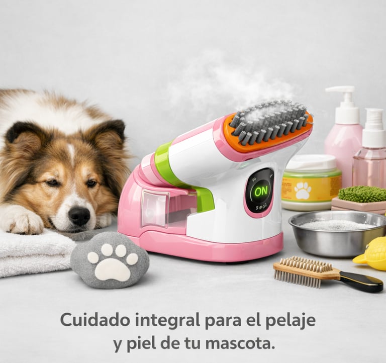 Cepillo eléctrico de vapor para mascotas, acaricia a un perro de pelo largo.