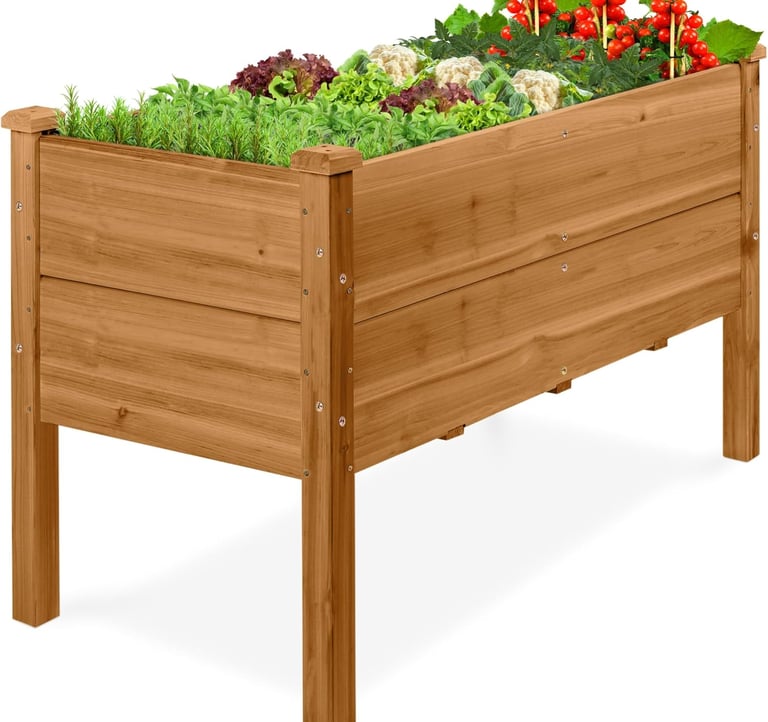 Elevated wooden raised garden bed filled with fresh vegetables and herbs on a white background.