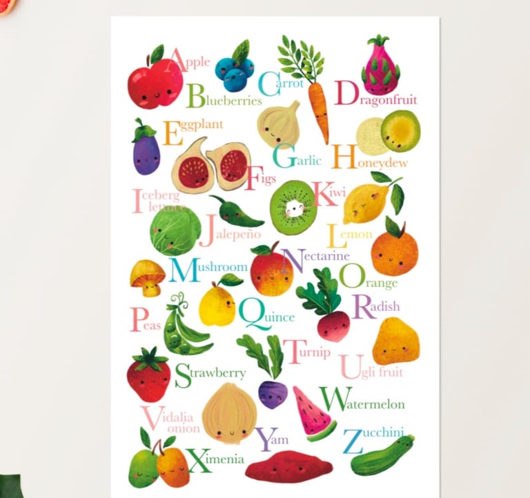 Illustrated fruits and veggies poster printable