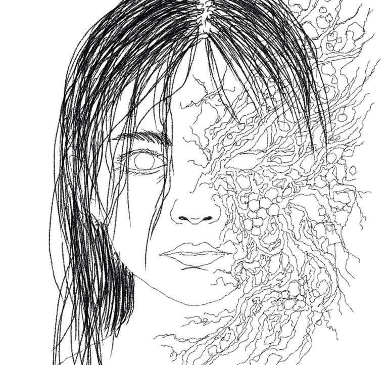 Surreal line art drawing of a woman's face morphing into intricate organic roots and vine patterns.