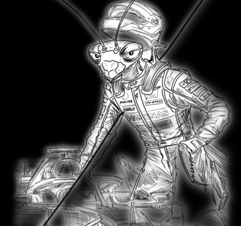 Creative pencil sketch of a praying mantis dressed as a Formula 1 racing driver standing by a car.