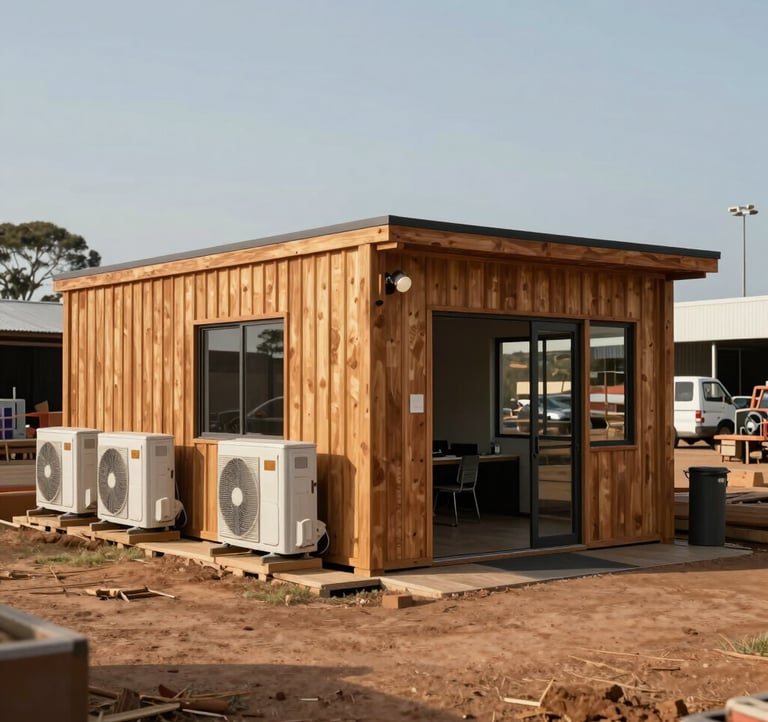 A modular timber site office with air conditioning units and a professional entrance, located on a busy South African commercial site.
