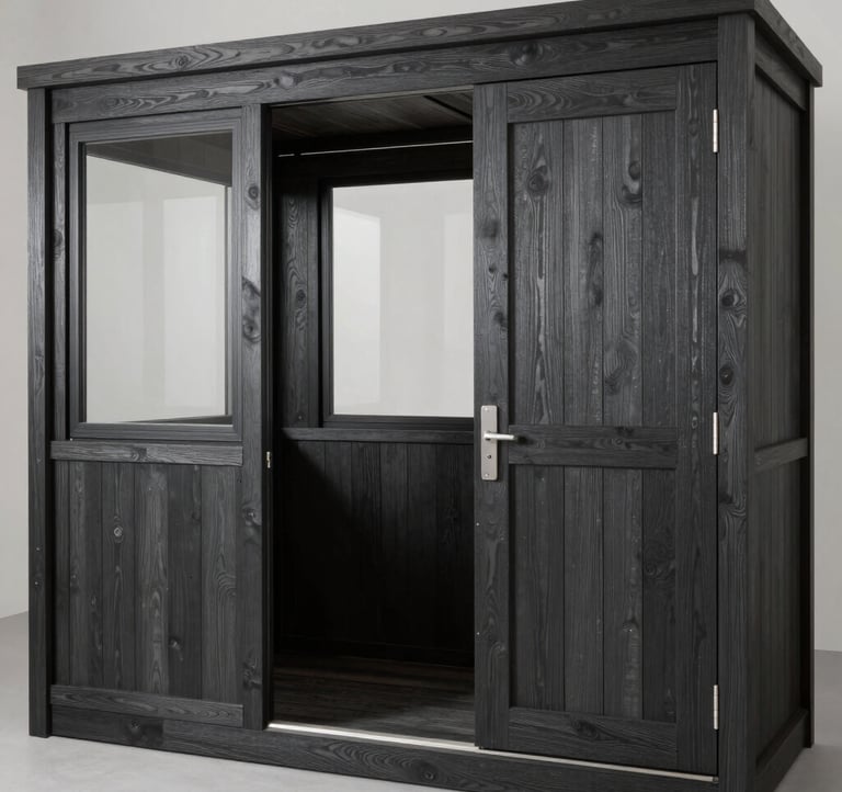 A compact timber guard room with secure windows and a robust door, showing off professional wood treatment in a deep charcoal shade.