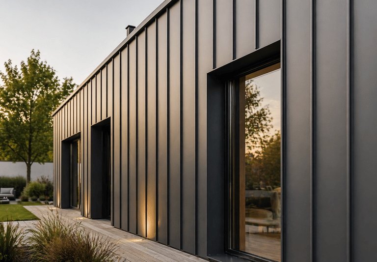 Bardage metallique noir vertical facade.