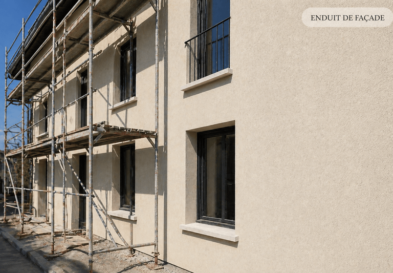 Enduit de façade en cours – pose avec échafaudage