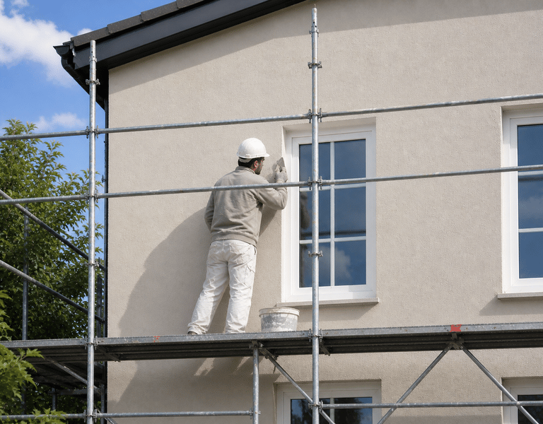 Application d’enduit de façade sur échafaudage