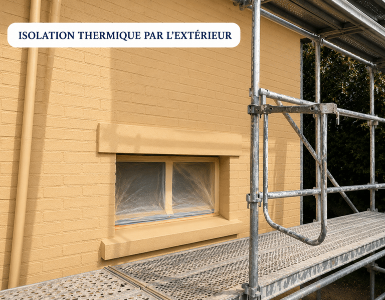 Travaux d’isolation extérieure avec échafaudage et finition façade