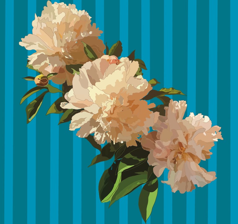 Floral illustration featuring cream peony blossoms and green leaves over a blue vertical striped background.