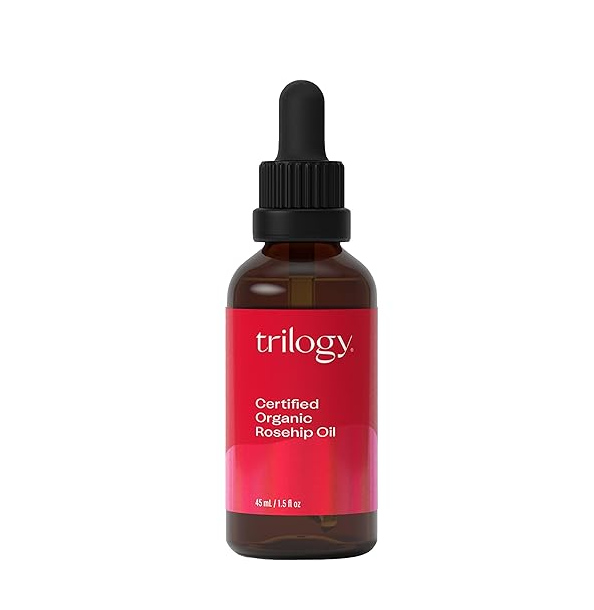 Trilogy Certified Organic Rosehip Oil bottle, a clinical-grade oil for healing skin and stretchmarks