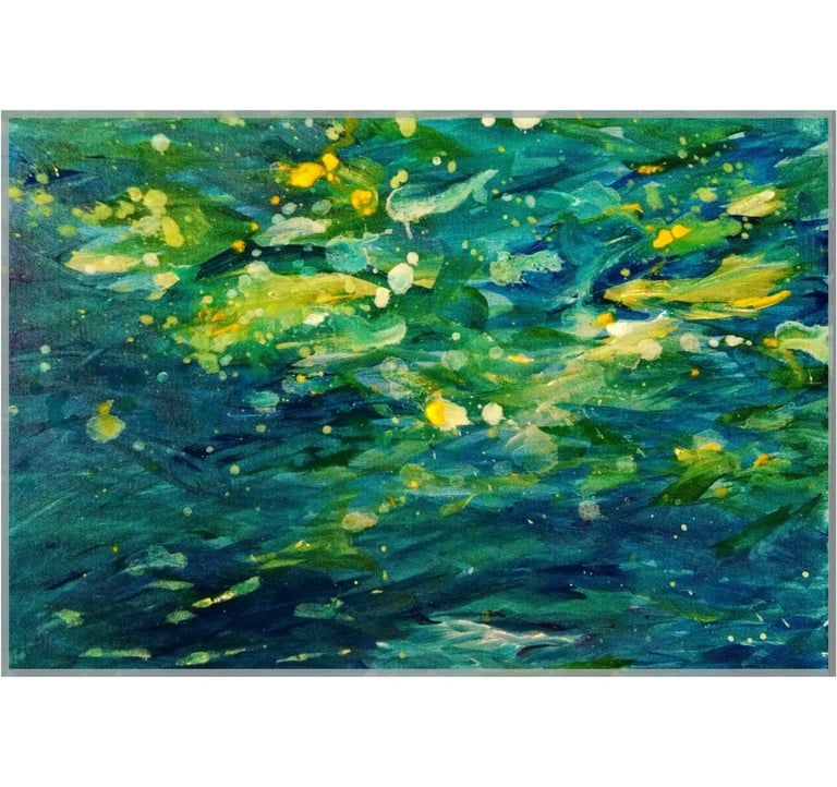 Abstract painting with vibrant dynamic blue and green brushstrokes and yellow light splatters.