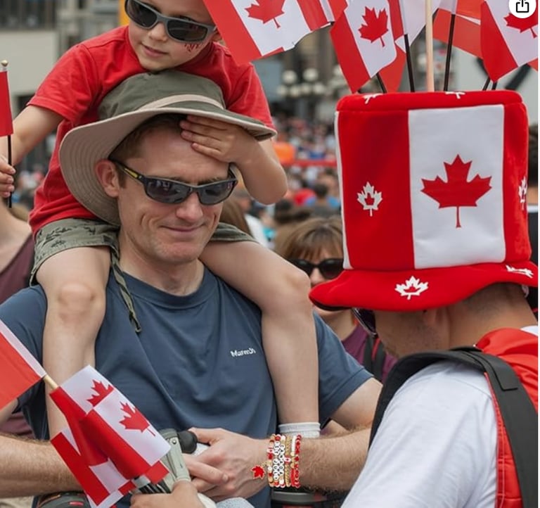 A father and son celebrate Canada Day with Canadian flags and themed accessories at a public festival.