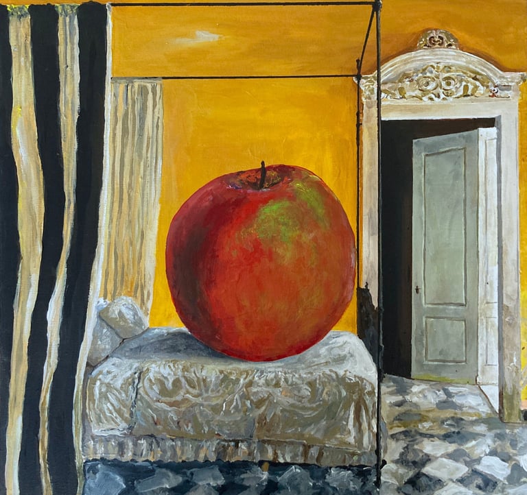 a painting of a giant red apple on a bed