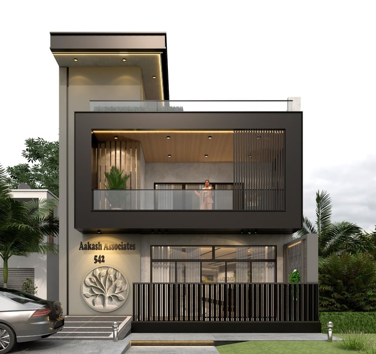 a modern house with a large balcony and a car parked in front of it