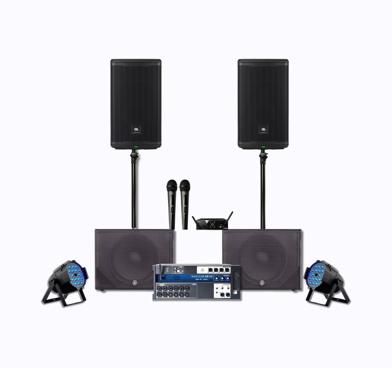 Paquete de equipo de audio para renta en Guatemala: microfonos, luces, subwoofers, bocinas, y mas