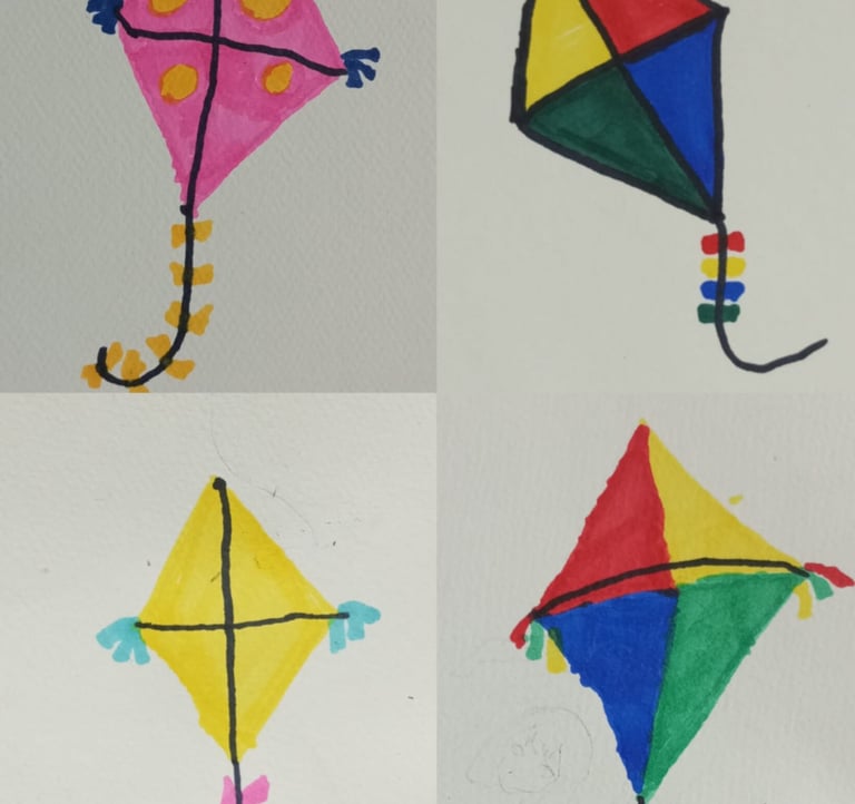 four different colored sketched kites
