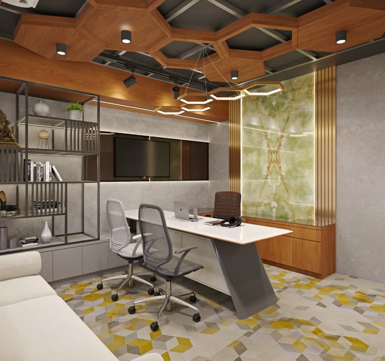 Office interior design, opulent and elegant office, Marble table top, Onyx marble, TV hidden