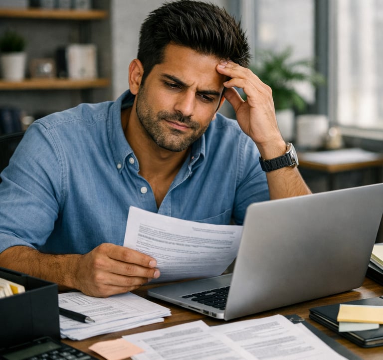 Stressed businessman reviewing financial documents and laptop in a modern home office.