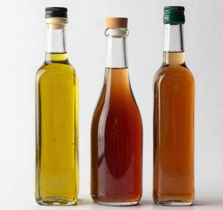 Elegant bottles of Spanish olive oil and aged vinegar displayed with subtle gold accents.