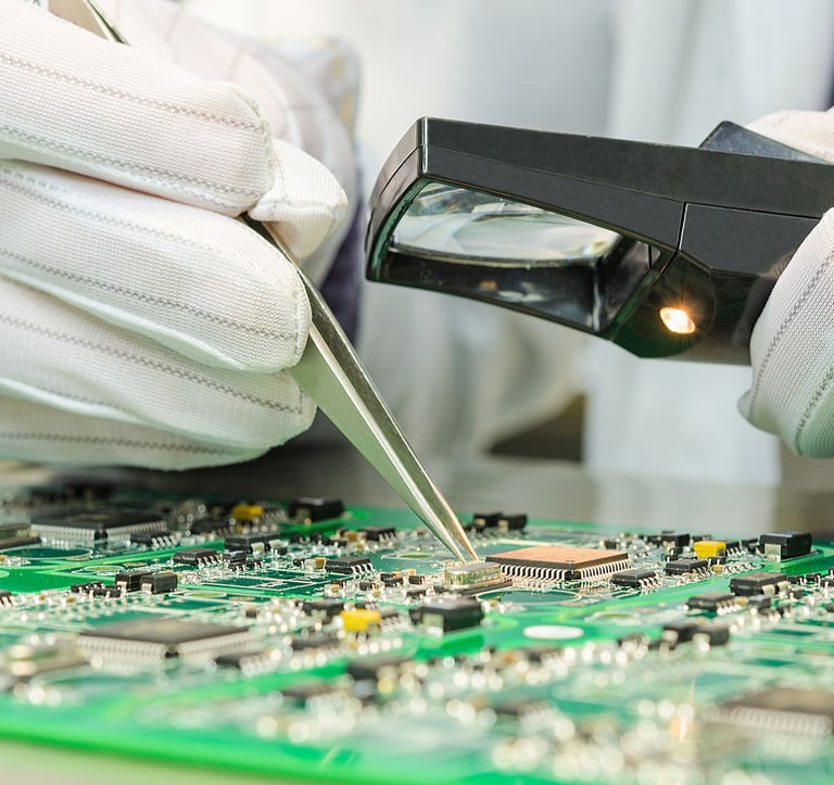 An engineer wearing gloves and examining a circuit board of medical equipment