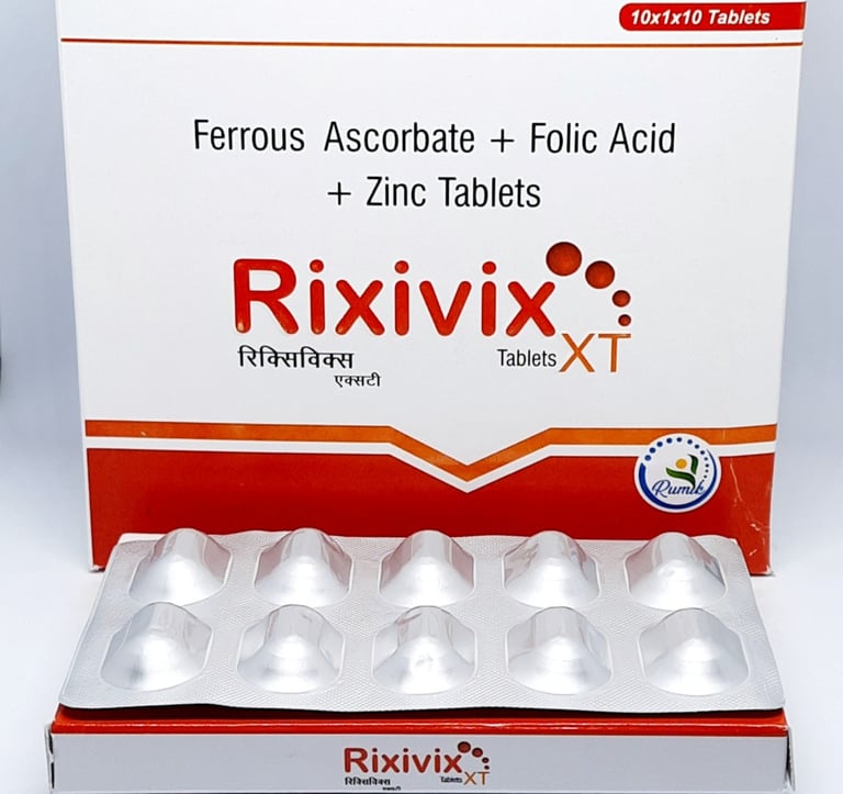 Rixivix-XT | Ferrous Ascorbate 100mg + Folic Acid 1.5mg + Zinc 22.5mg Tablet